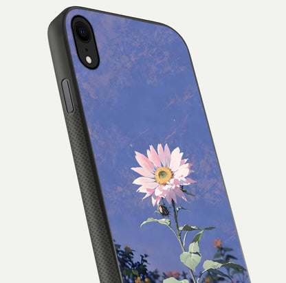 Pink Sunflower Glow Glass Case for iPhone X close-up angled shot highlighting petal texture and reflection