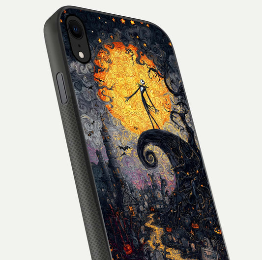 Pumpkin Moon Night Glass Case for iPhone X close-up angled shot showing moon reflection and Halloween glow