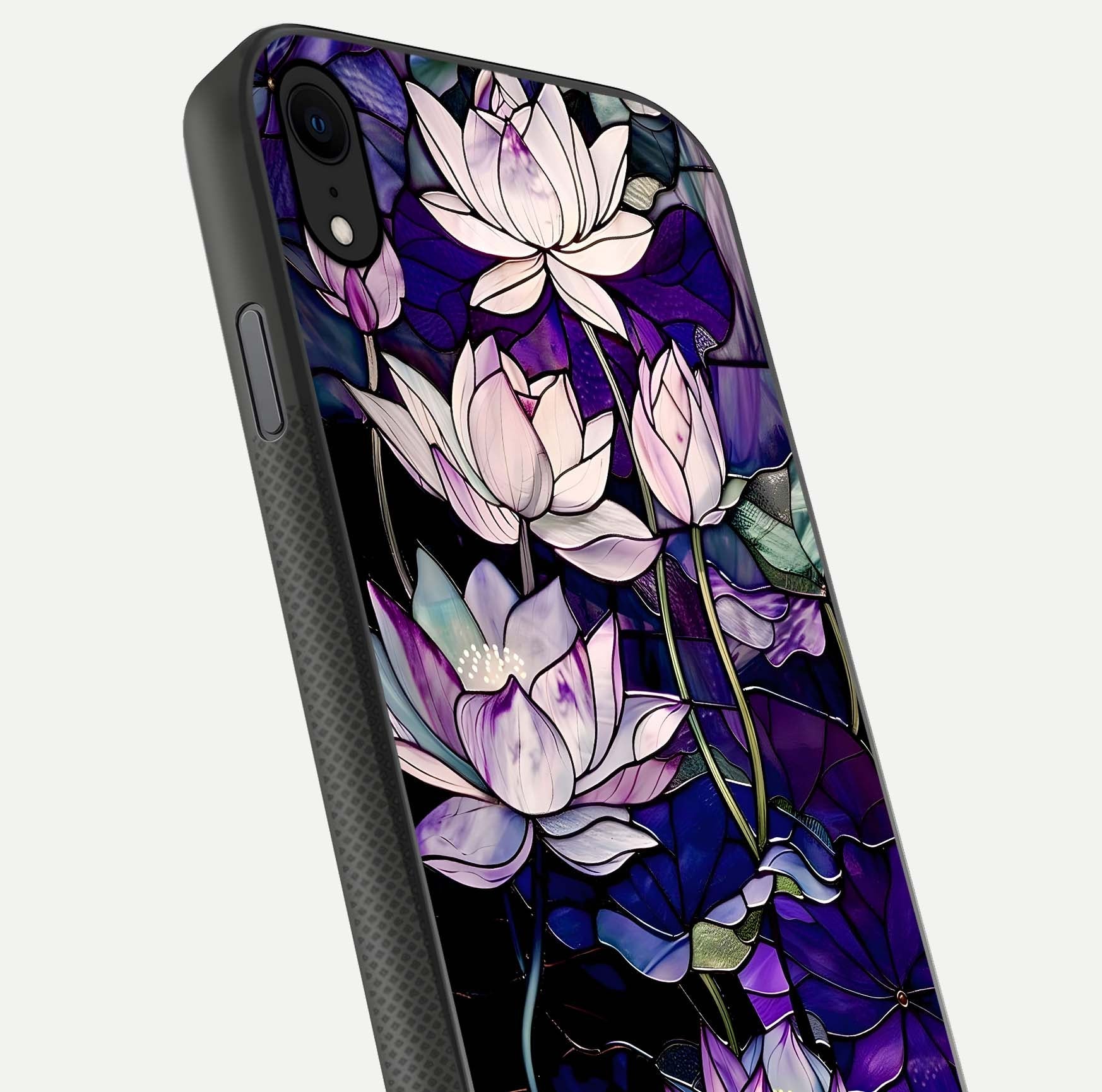 Purple Lotus Pattern Glass Case for iPhone X close-up angled shot showing petal texture and HD reflection