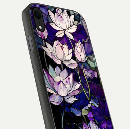 Purple Lotus Pattern Glass Case for iPhone X close-up angled shot showing petal texture and HD reflection