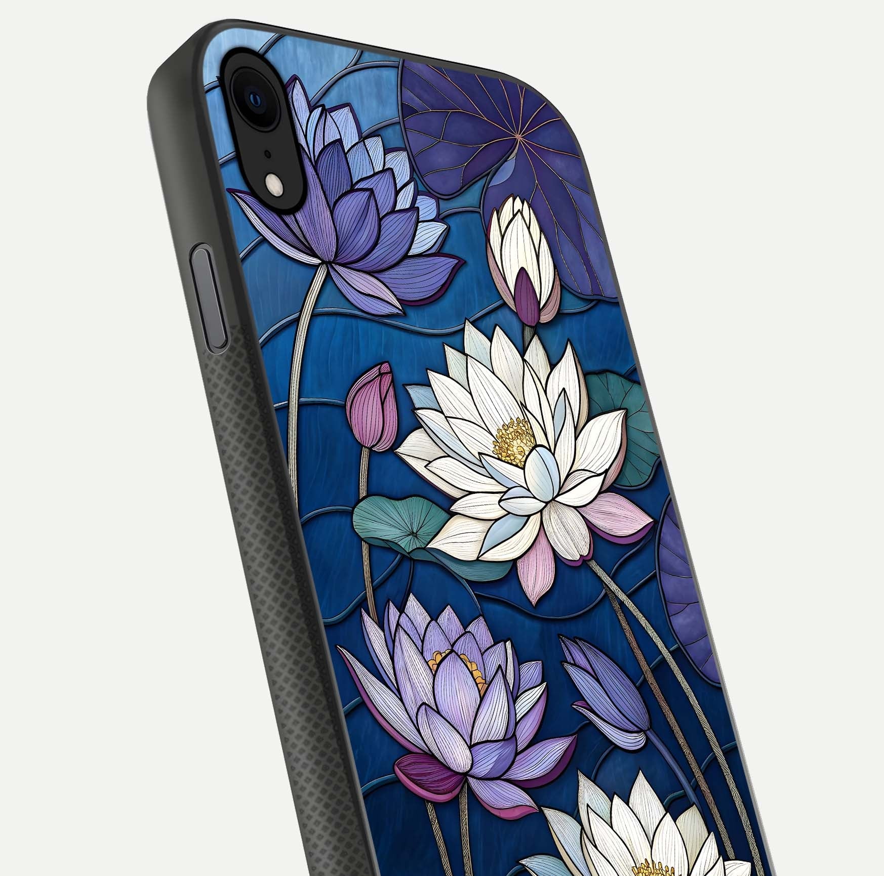 Purple Lotus Stained Glass Case for iPhone X close-up angled shot highlighting glass pattern and reflection