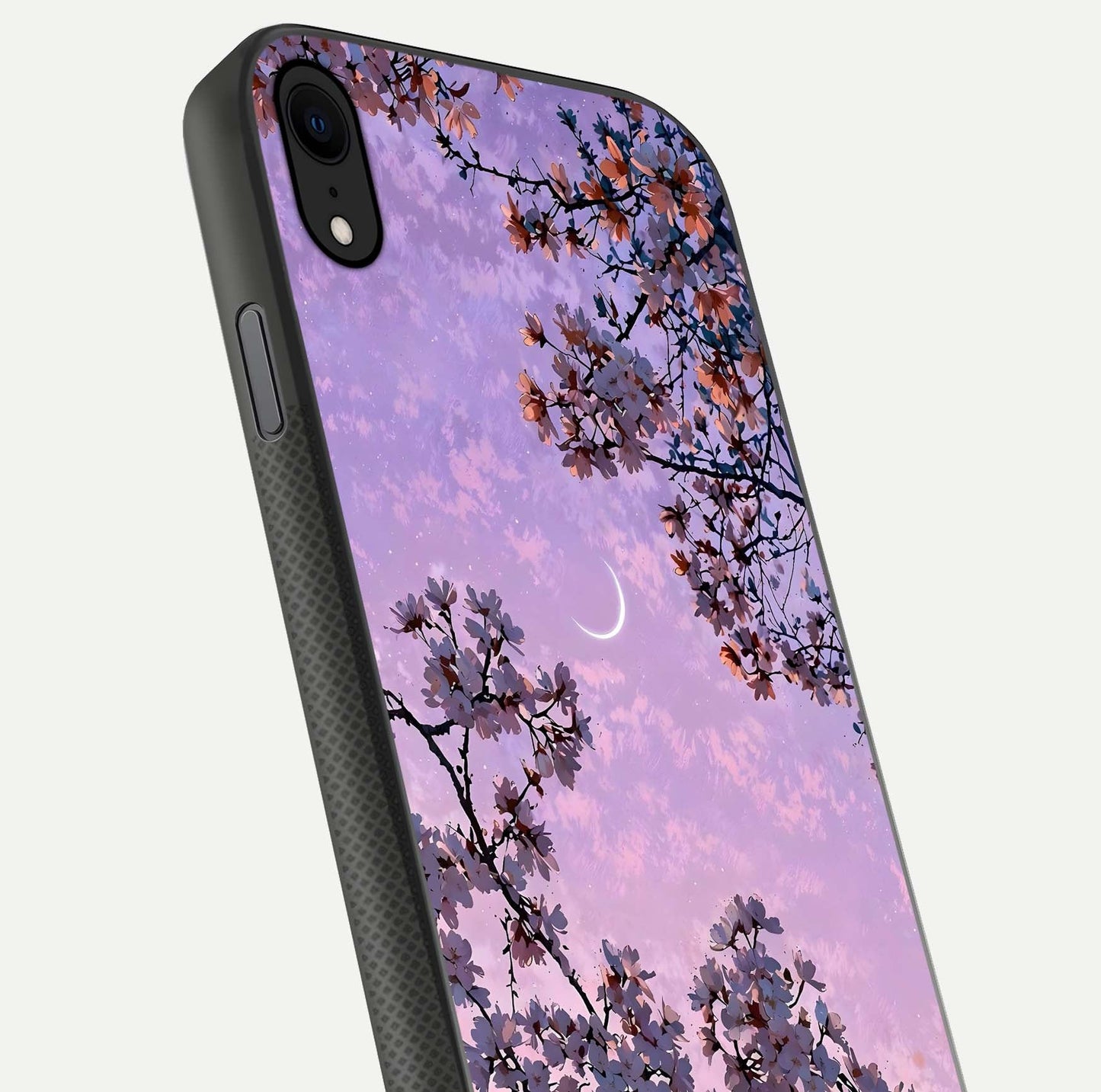 Purple Serenity Moon Glass Case for iPhone X close-up angled shot showing reflection and gradient purple hues