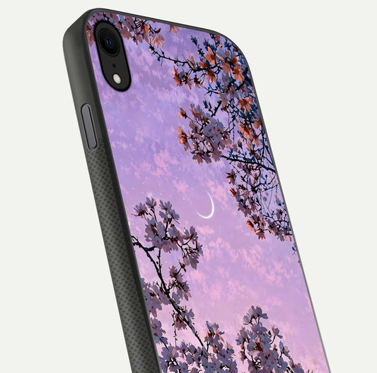 Purple Serenity Moon Glass Case for iPhone X close-up angled shot showing reflection and gradient purple hues