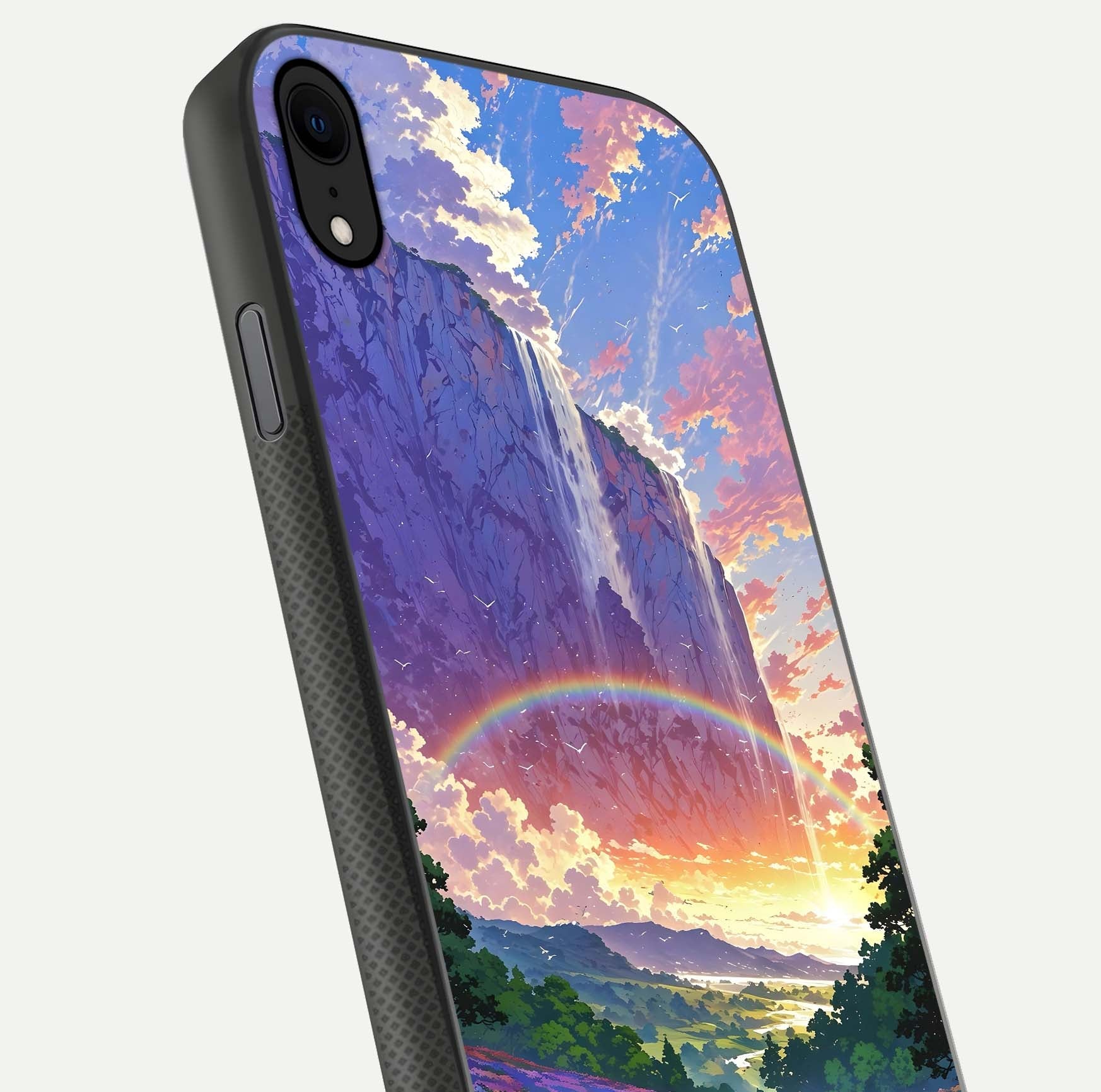 Rainbow Valley Dream Glass Case for iPhone 16 Pro close-up angled shot highlighting gradient tones and HD shine