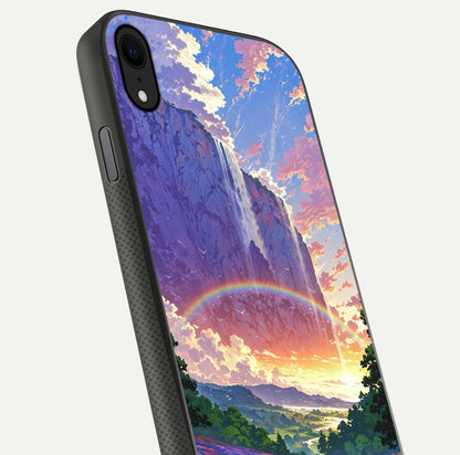 Rainbow Valley Dream Glass Case for iPhone 16 Pro close-up angled shot highlighting gradient tones and HD shine