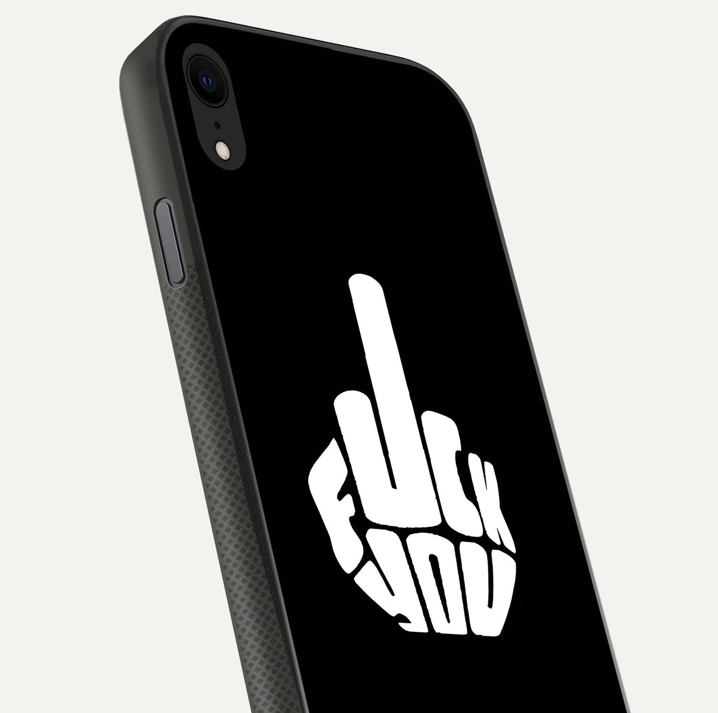 Rebel Mode On Glass Case for iPhone X close-up angled shot highlighting reflective text and sharp design