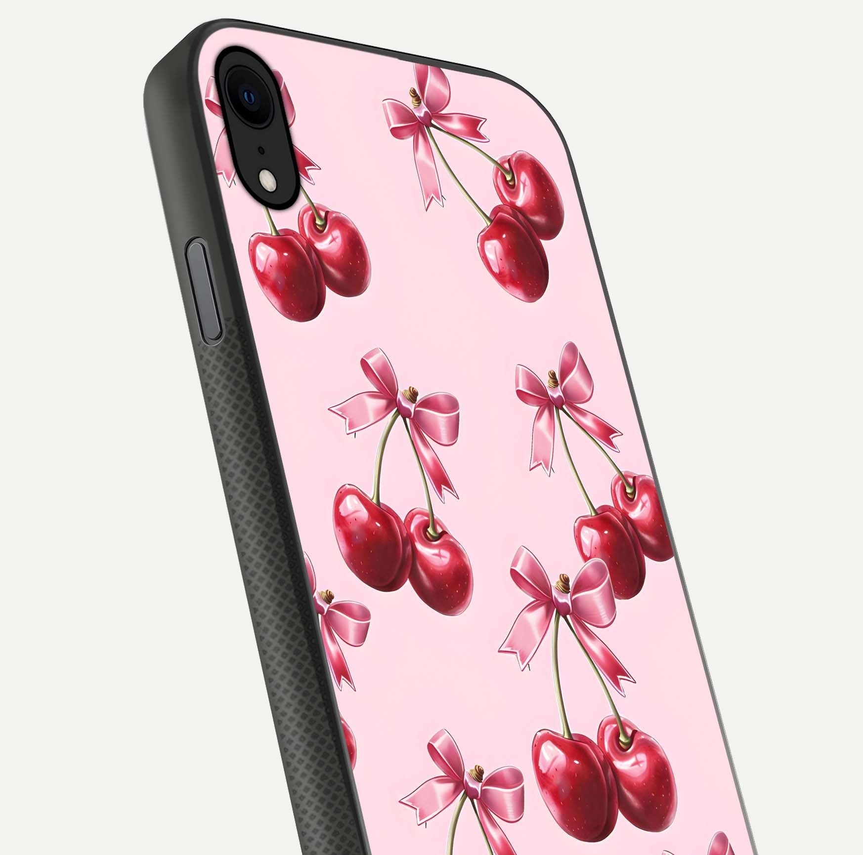 Red Cherries Pattern Glass Case for iPhone X close-up angled shot showing cherry details and HD reflection