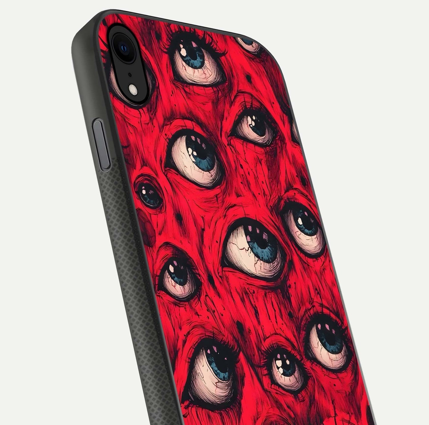 Red Eyes Pattern Glass Case for iPhone X close-up angled shot highlighting vivid contrast and HD shine
