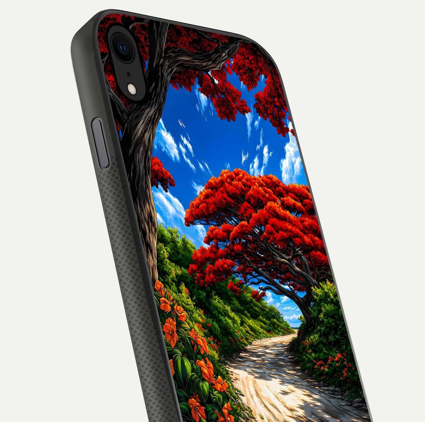 Red Trees Pathway Glass Case for iPhone X close-up angled shot highlighting forest detail and reflection