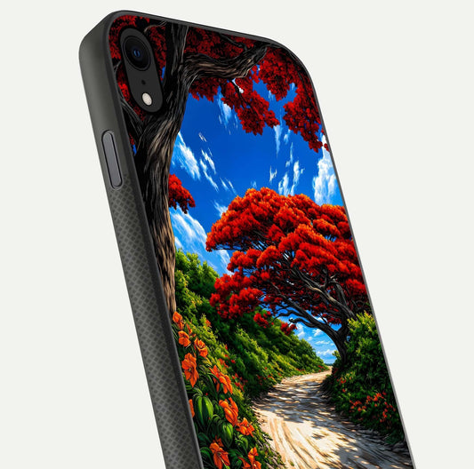 Red Trees Pathway Glass Case for iPhone X close-up angled shot highlighting forest detail and reflection