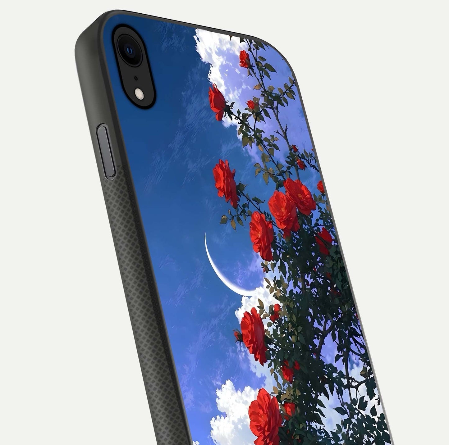 Rose Drift Flowers Glass Case for iPhone X close-up angled shot highlighting floral texture and reflection