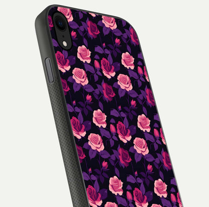 Rose Garden Twilight Glass Case for iPhone X close-up angled shot highlighting rose contrast and reflection