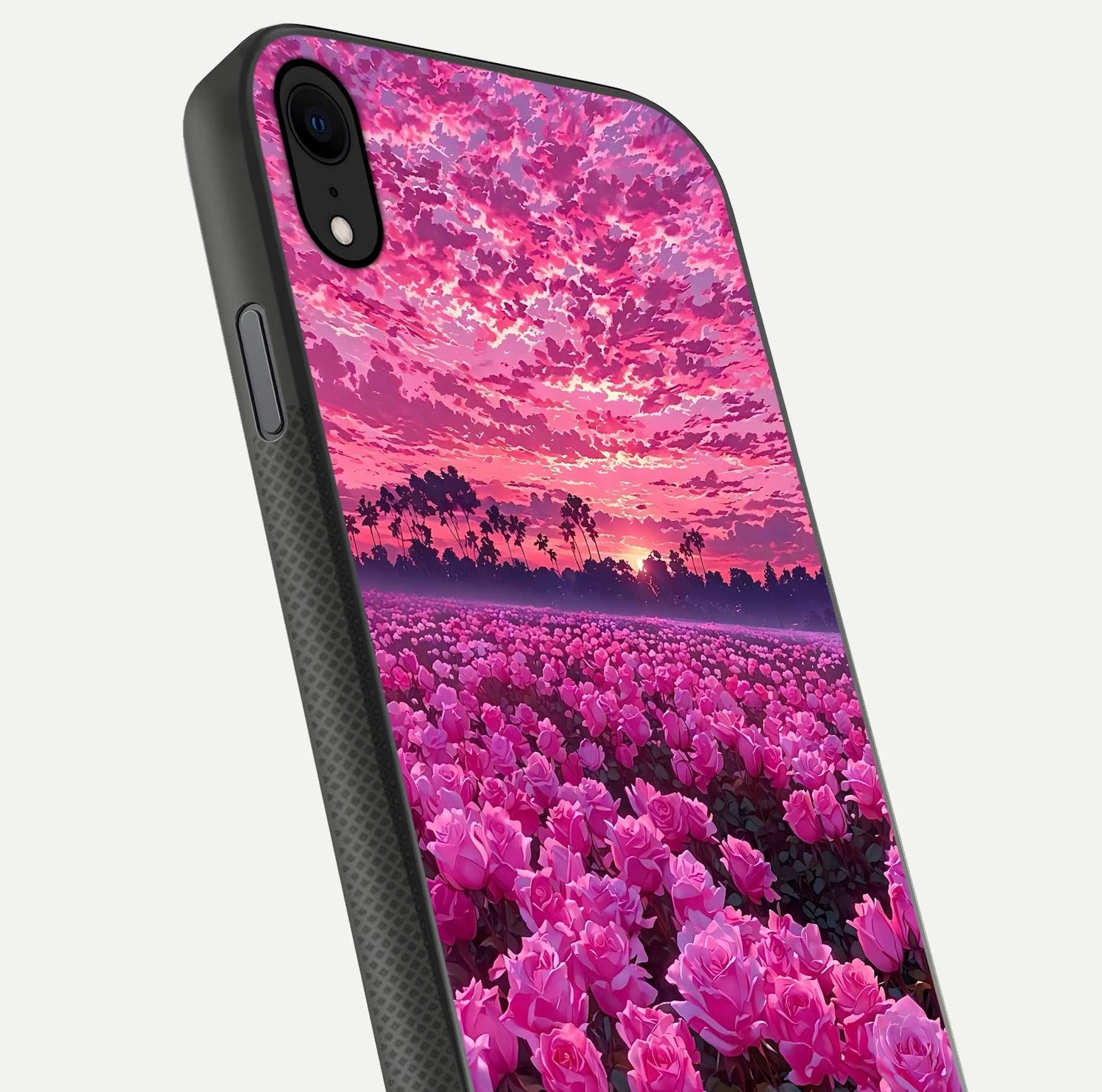 Rose Sunset Valley Glass Case for iPhone X close-up angled shot showing rose detailing and golden hues