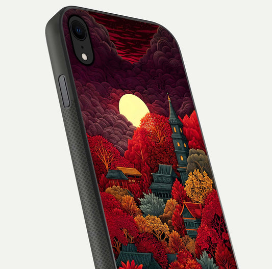 Scarlet Autumn Temple Glass Case for iPhone X close-up angled shot highlighting golden leaves and reflection