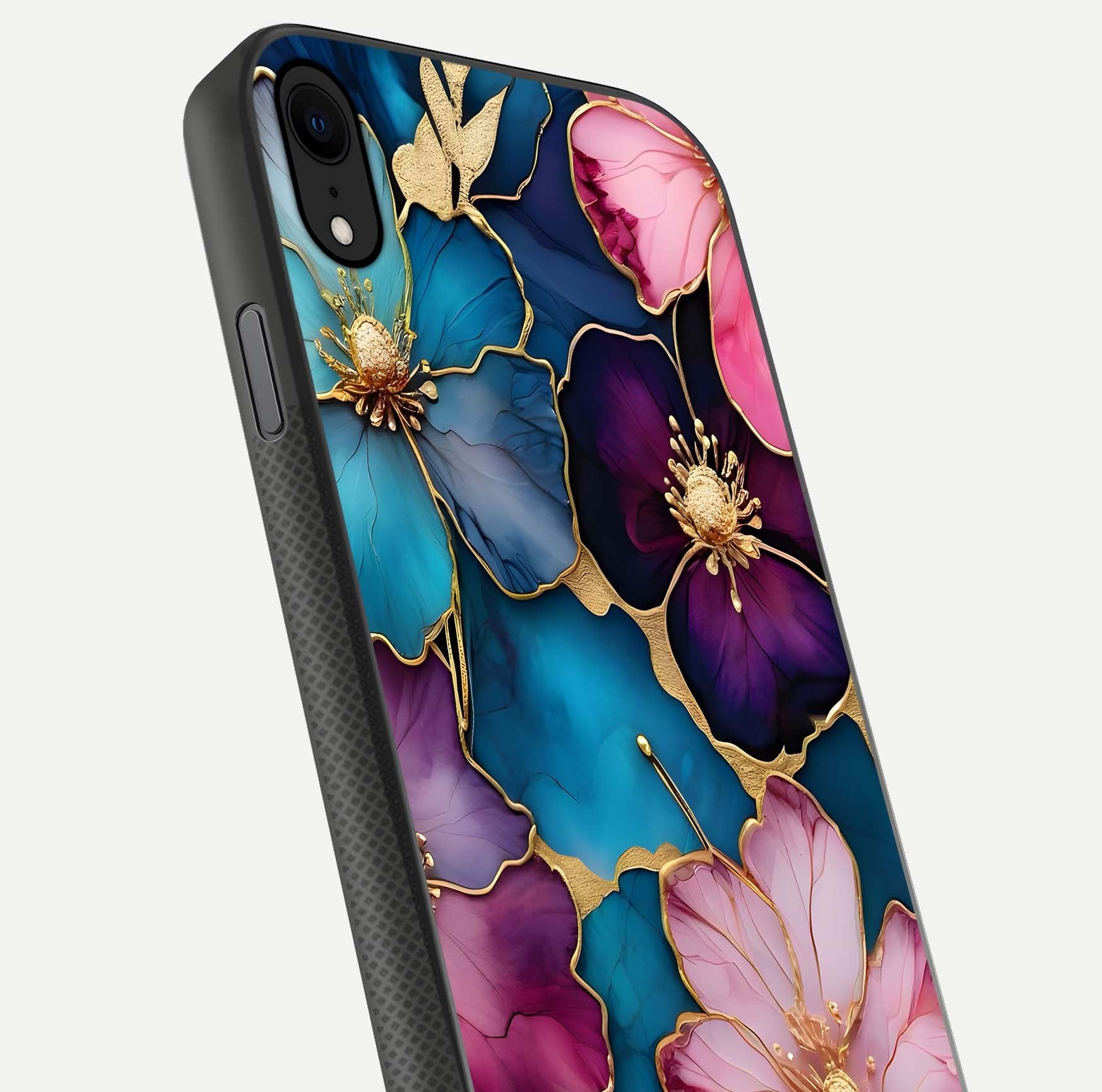 Sparkle Floral Glass Case for iPhone X close-up angled shot highlighting shimmer details and reflection