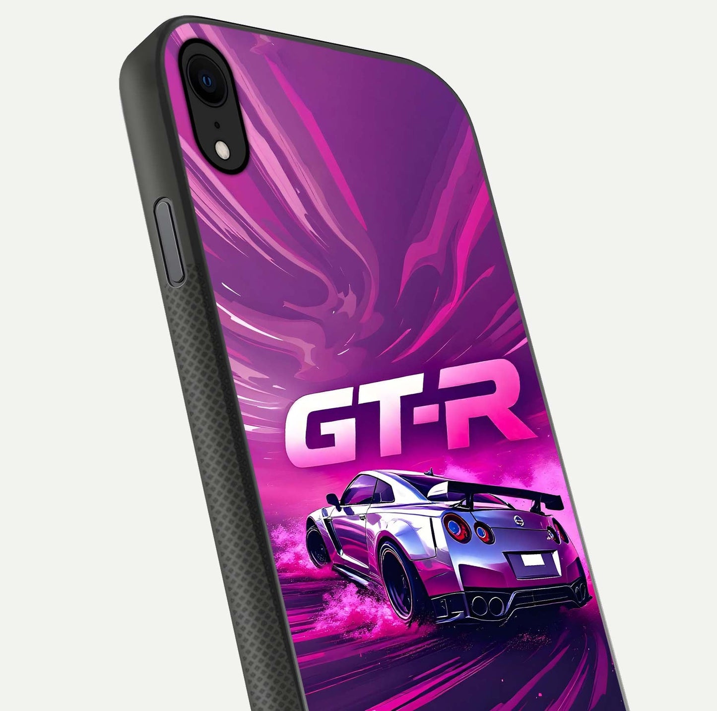Speed Drift Legend Glass Case for iPhone X close-up angled shot highlighting speed lines and reflection
