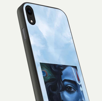 Spiritual Krishna Glass Case for iPhone 16 Pro close-up angled shot showing HD print, color tone, and reflection