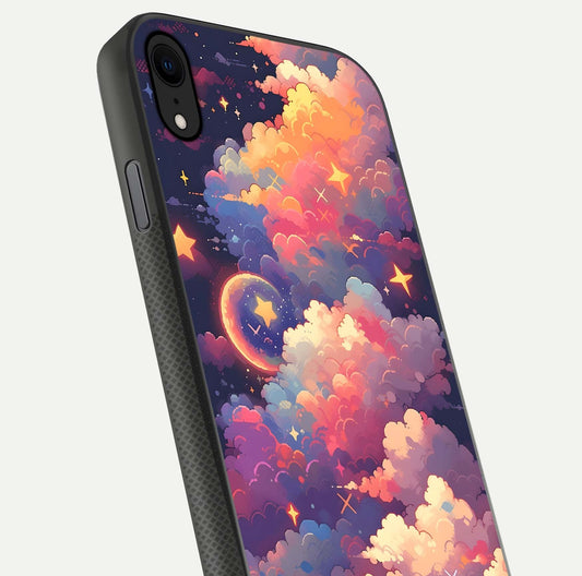 Starlit Dream Clouds Glass Case for iPhone X close-up angled shot highlighting cloud texture and reflection