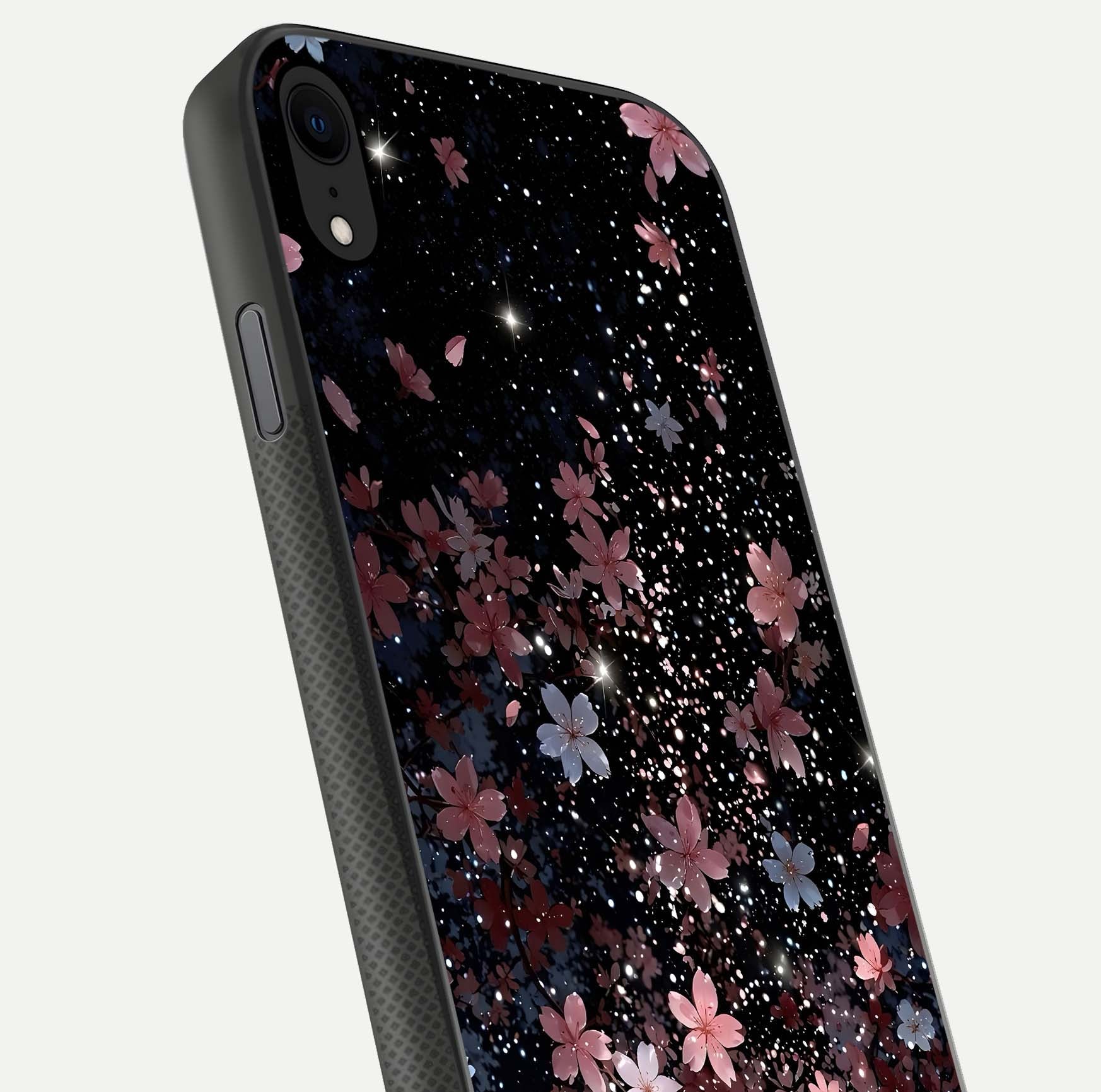 Starlit Flower Dreams Glass Case for iPhone X close-up angled shot highlighting petal reflection and HD depth