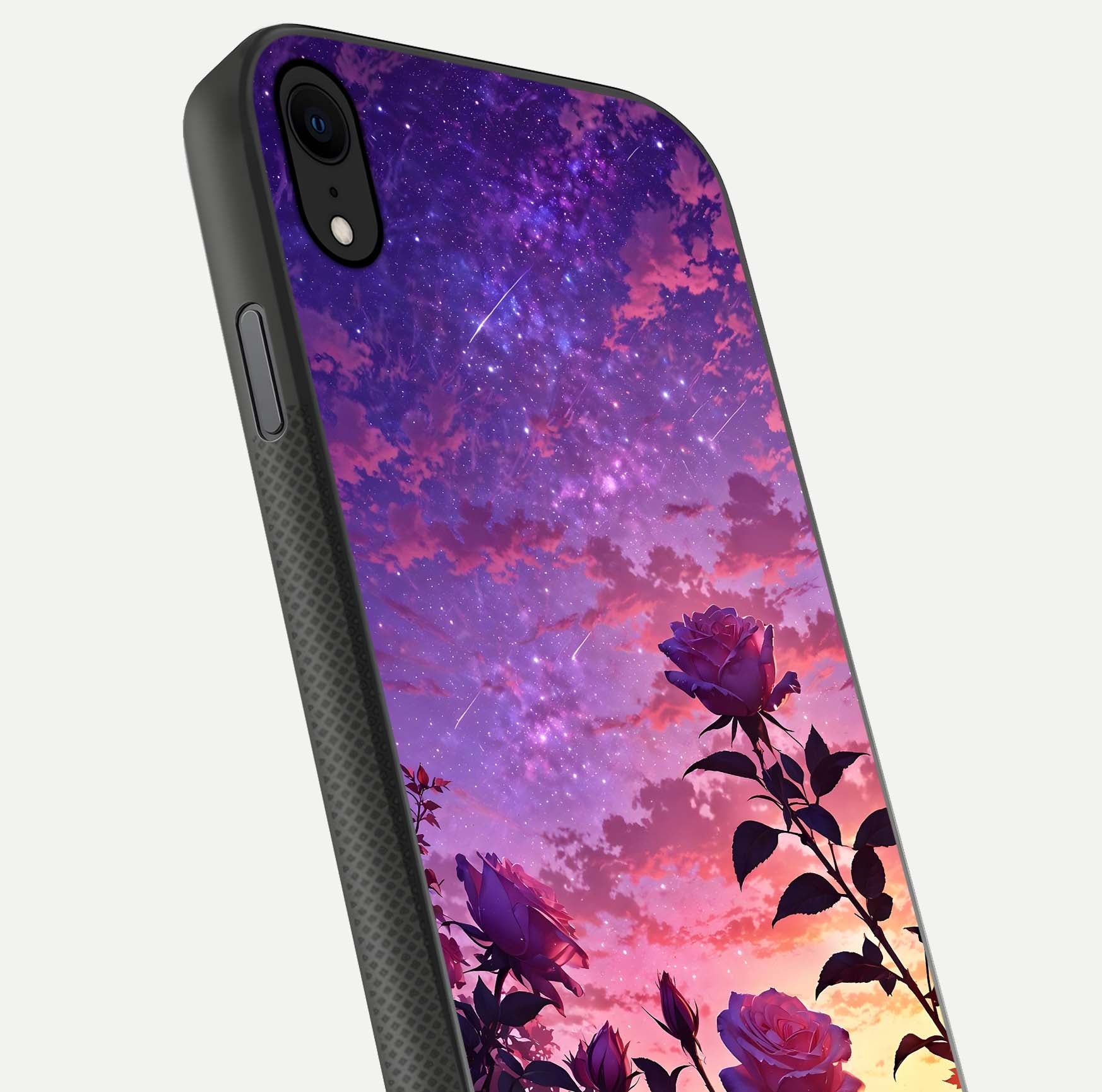 Starlit Rose Twilight Glass Case for iPhone X close-up angled shot highlighting rose detail and reflection