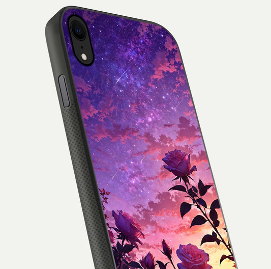 Starlit Rose Twilight Glass Case for iPhone X close-up angled shot highlighting rose detail and reflection