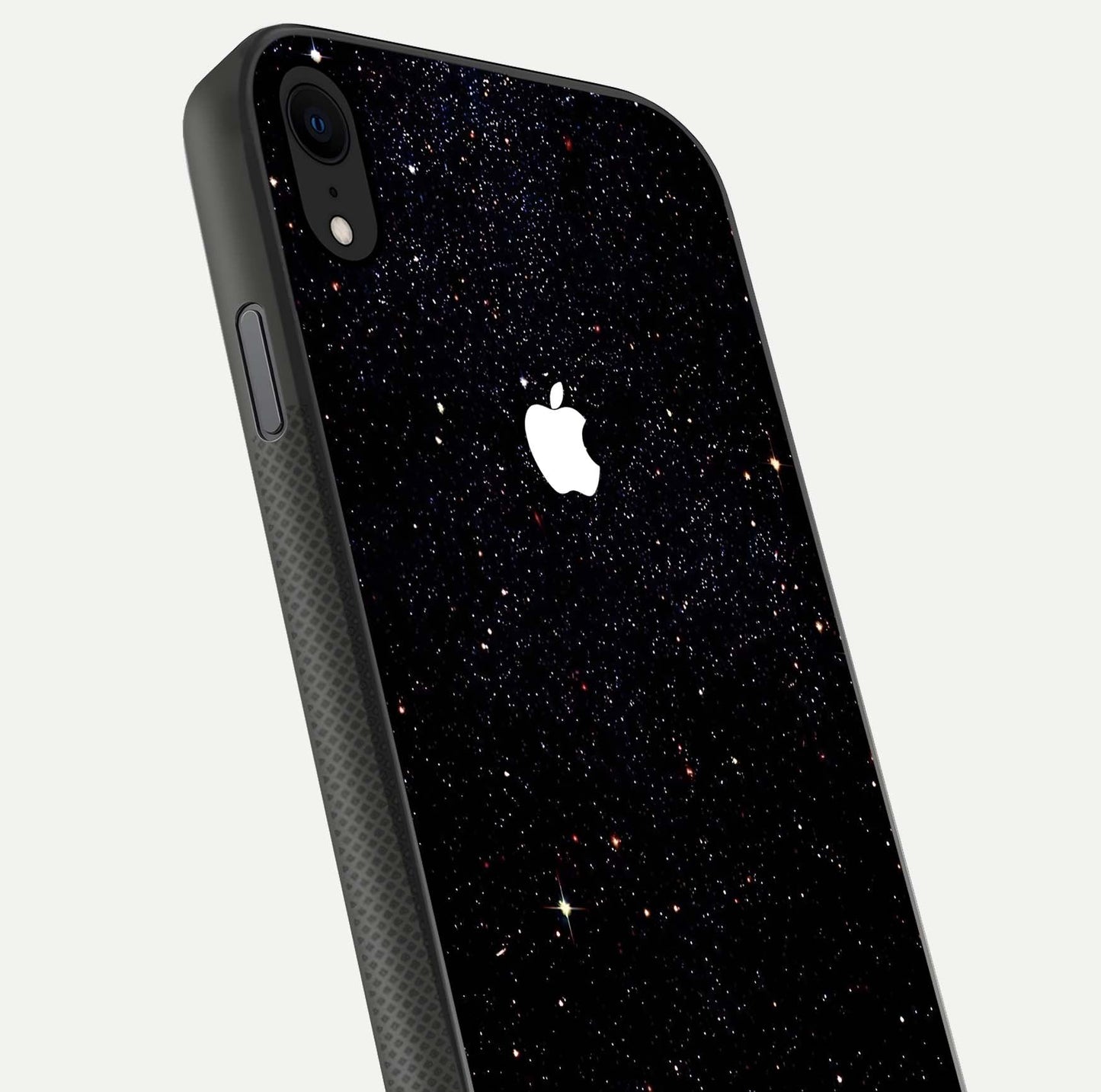 Starry Apple Galaxy Glass Case for iPhone X close-up angled shot highlighting star details and gloss