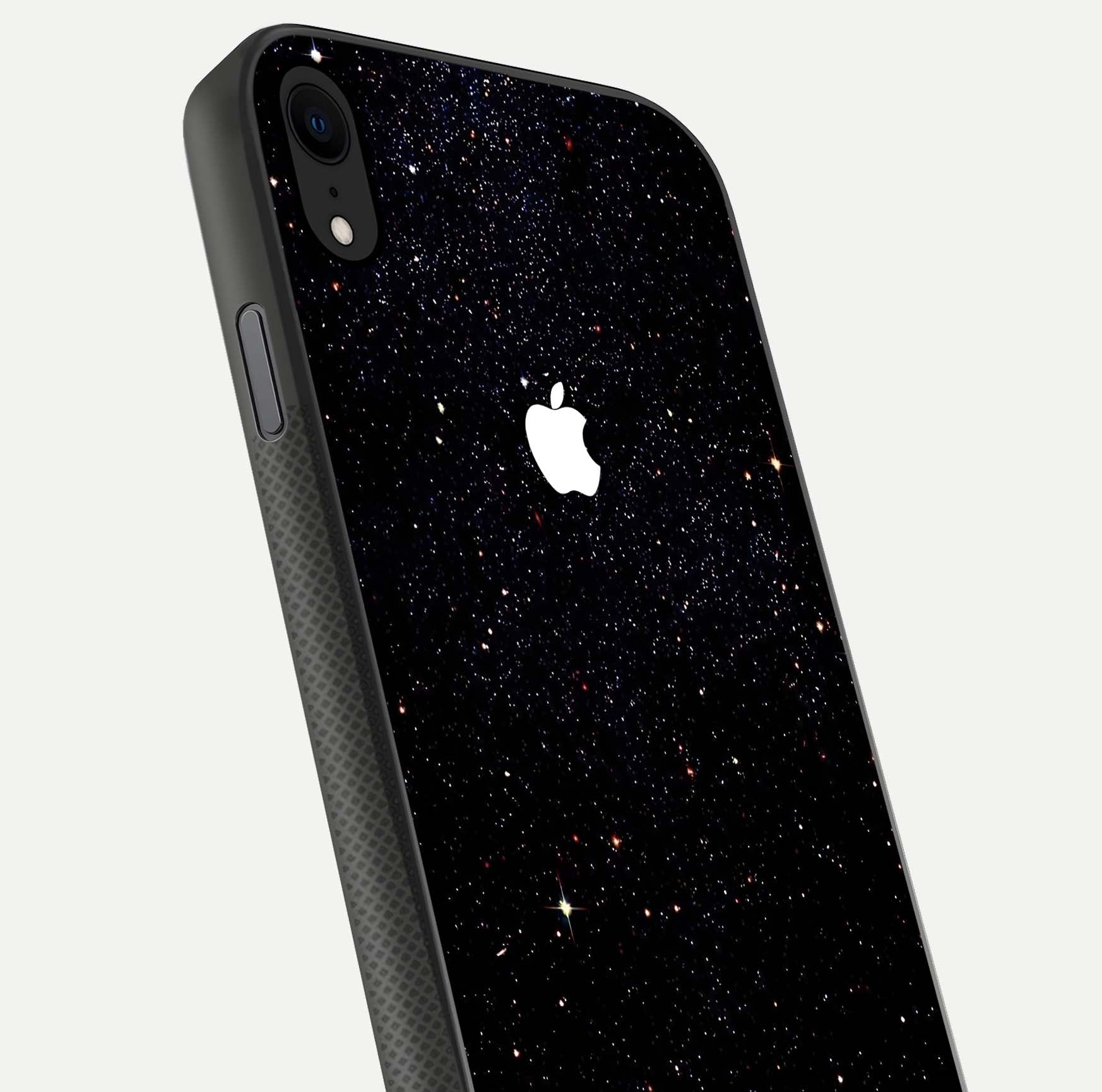 Starry Apple Galaxy Glass Case for iPhone X close-up angled shot highlighting star details and gloss