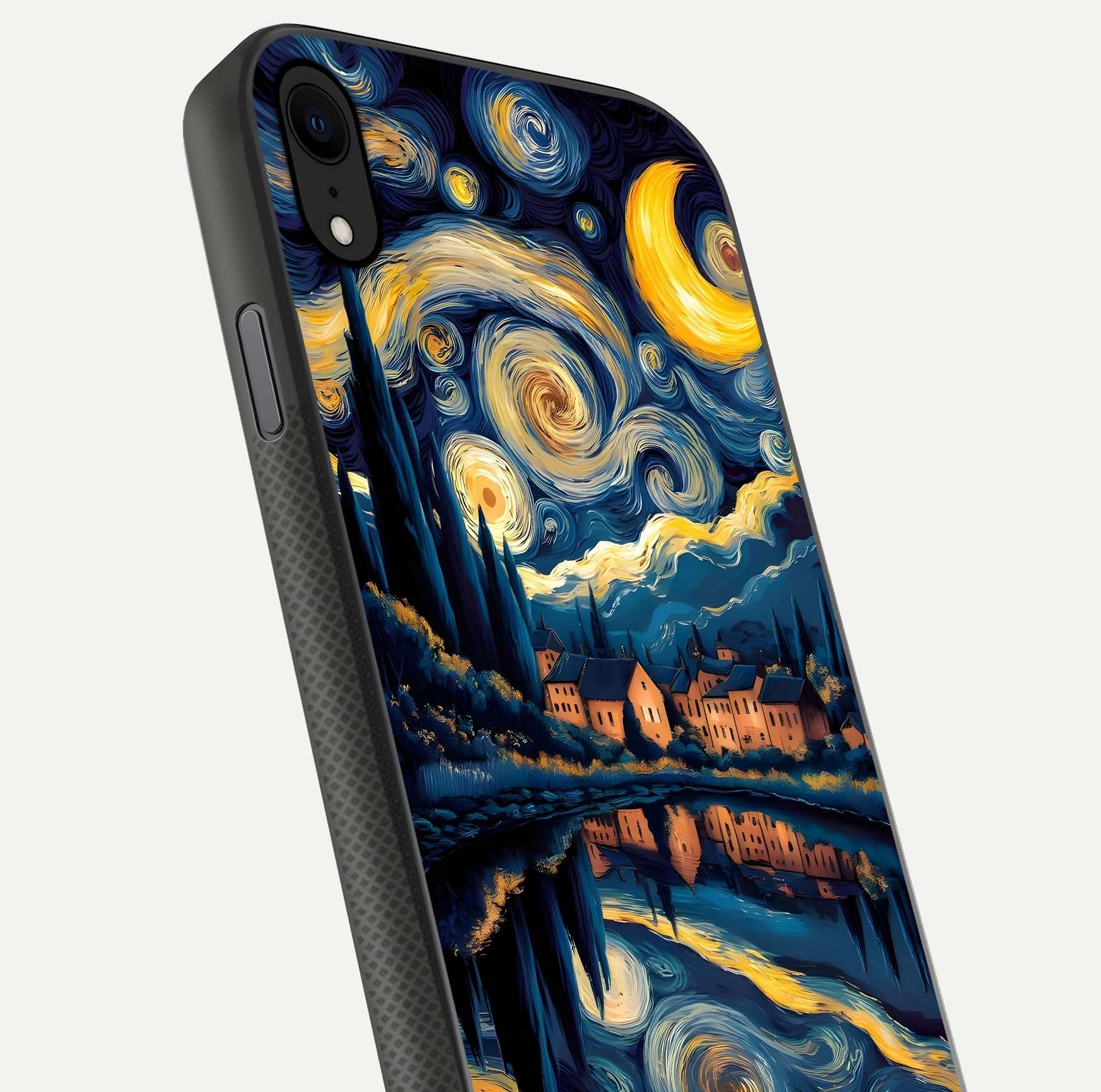 Starry Sky Serenity Glass Case for iPhone X close-up angled shot highlighting light reflection and blue hues