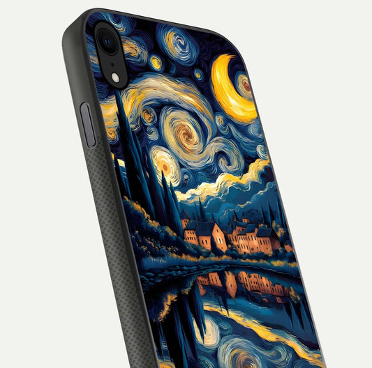 Starry Sky Serenity Glass Case for iPhone X close-up angled shot highlighting light reflection and blue hues