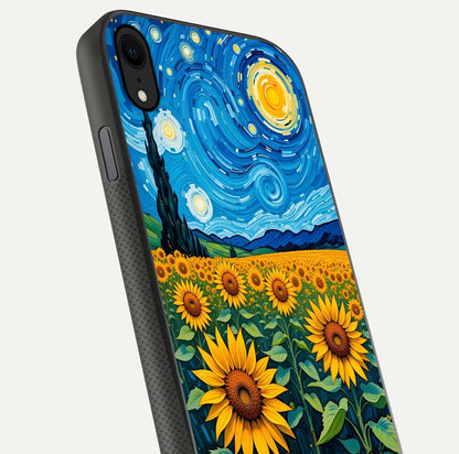 Starry Sunflower Dreams Glass Case for iPhone X close-up angled shot highlighting petal texture and gloss