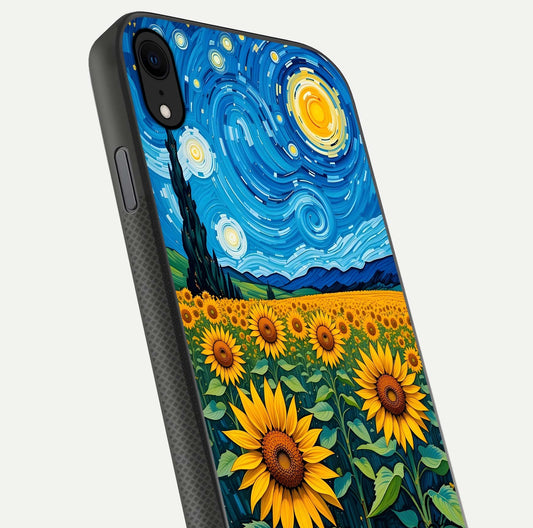 Starry Sunflower Dreams Glass Case for iPhone X close-up angled shot highlighting petal texture and gloss