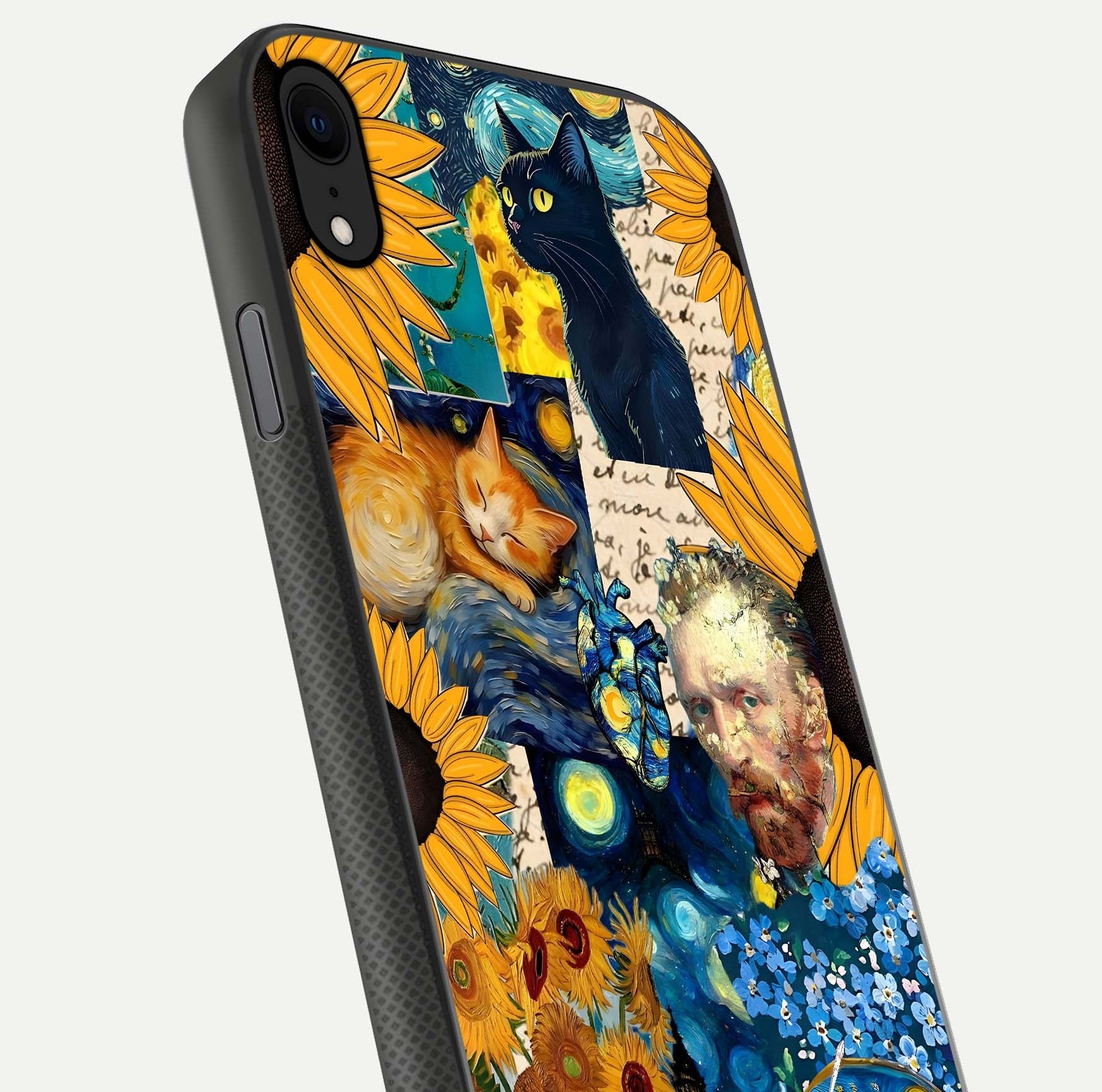 Sunflower Cat Art Glass Case for iPhone X close-up angled shot highlighting yellow tones and art reflection