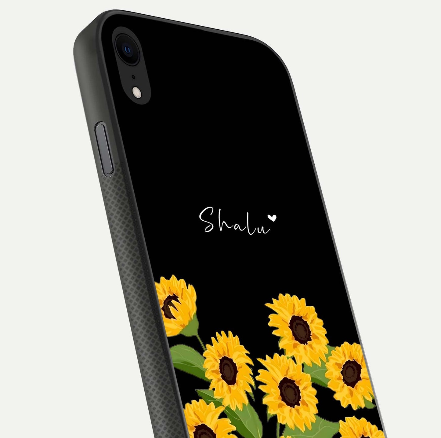 Sunflower Chic Mood Custom Name Glass Case for iPhone 16 Pro close-up angled shot showing HD sunflower pattern