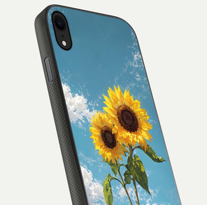 Sunflower Sky Bloom Glass Case for iPhone X close-up angled shot highlighting petal details and reflection