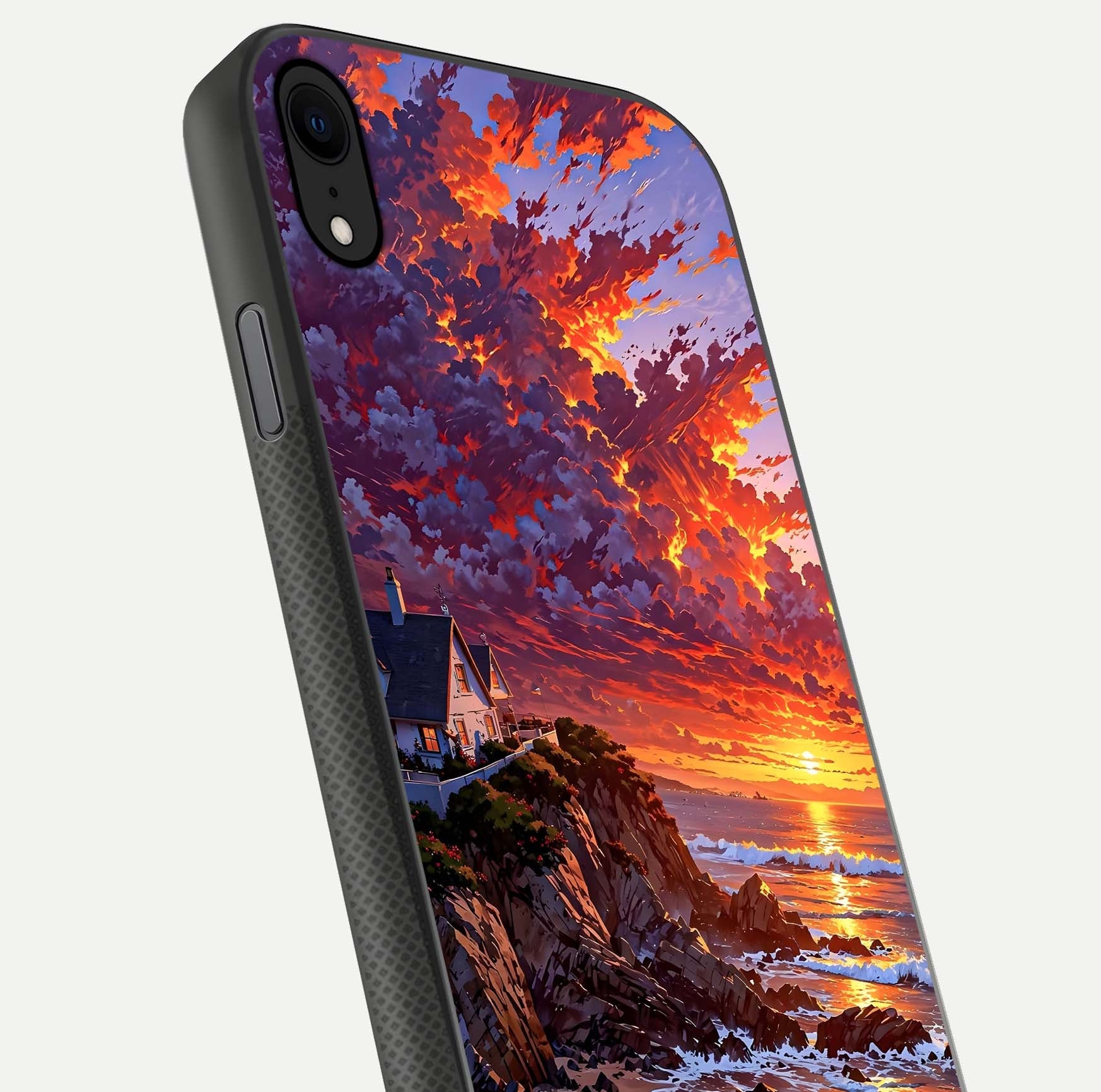 Sunset House by Sea Glass Case for iPhone X close-up angled shot highlighting sunset tones and water glow
