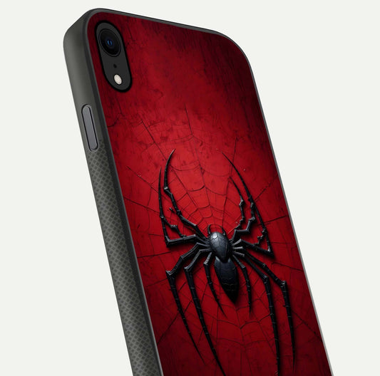 Venom Web Emblem Glass Case for iPhone X close-up angled shot highlighting sharp logo lines and reflection