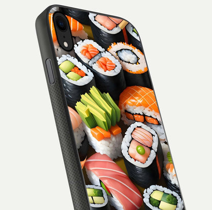 Sushi Food Pattern Glass Case for iPhone X close-up angled shot highlighting colorful sushi prints and reflection