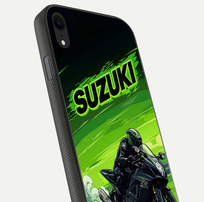 Suzuki Speed Beast Glass Case for iPhone X close-up angled shot highlighting bold tones and reflection