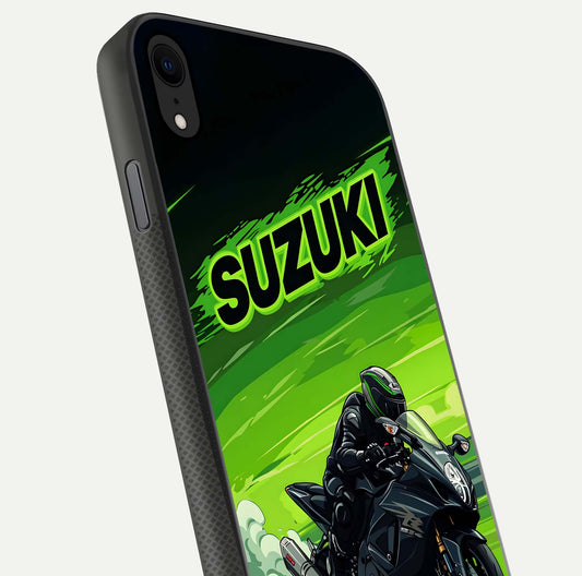 Suzuki Speed Beast Glass Case for iPhone X close-up angled shot highlighting bold tones and reflection