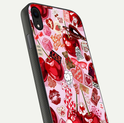 Sweet Cherry Chaos Glass Case for iPhone X close-up angled shot highlighting red tone contrast and reflection