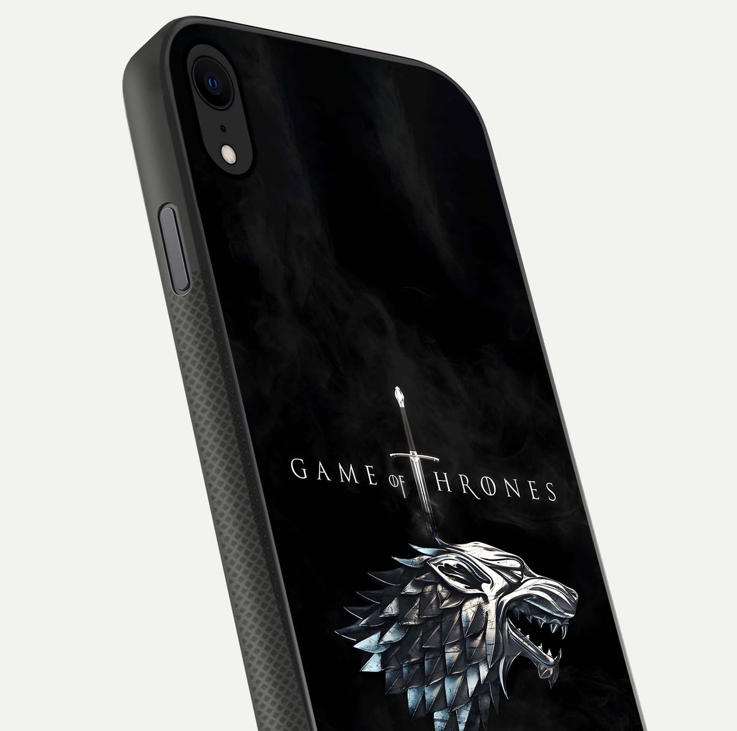 Throne Wolf Legacy Glass Case for iPhone X close-up angled shot highlighting fur texture and reflection