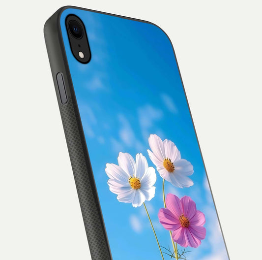 Triple Flowers With Sky Glass Case for iPhone X close-up angled shot highlighting petal and reflection details