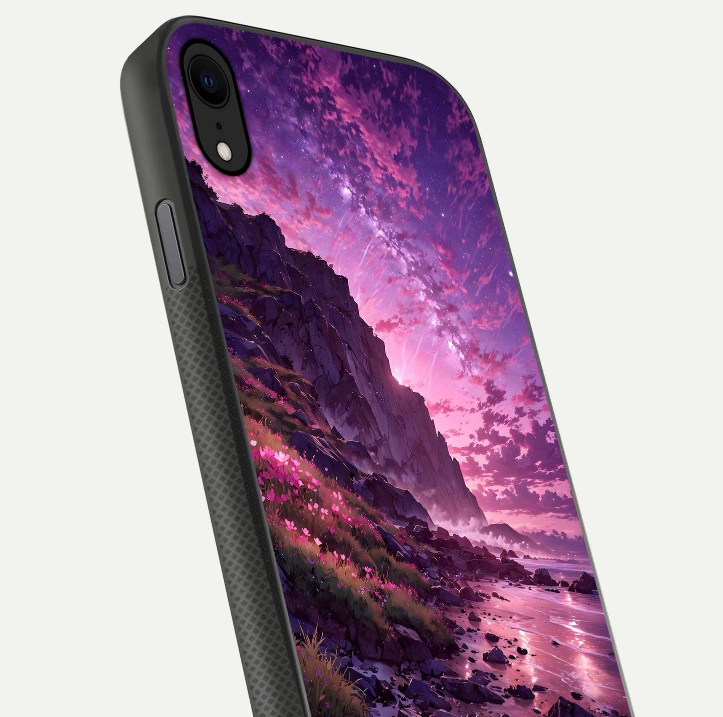 Twilight Blossom Coast Glass Case for iPhone X close-up angled shot highlighting gradient sky and reflection