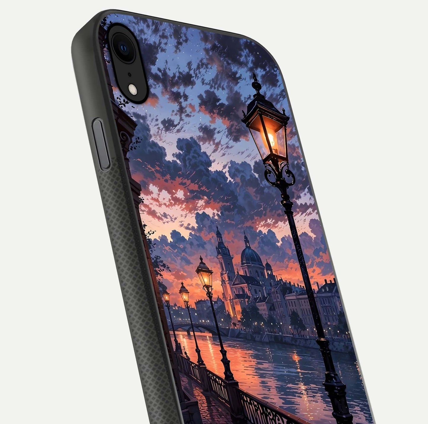 Twilight River Lights Glass Case for iPhone X close-up angled shot highlighting river reflections and color tones
