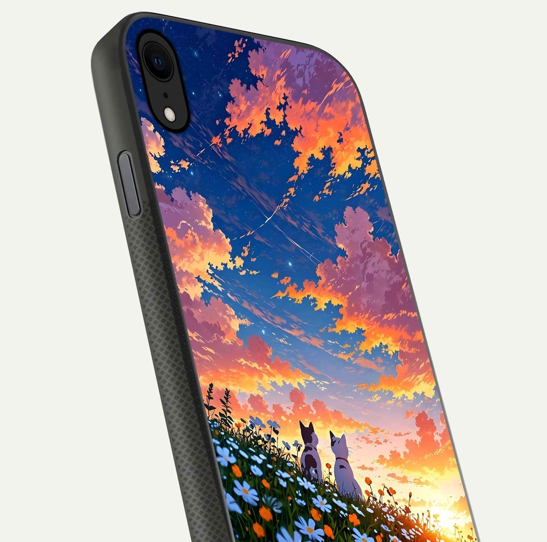Two Cats Friends Glass Case for iPhone X close-up angled shot highlighting cat illustrations and soft reflection