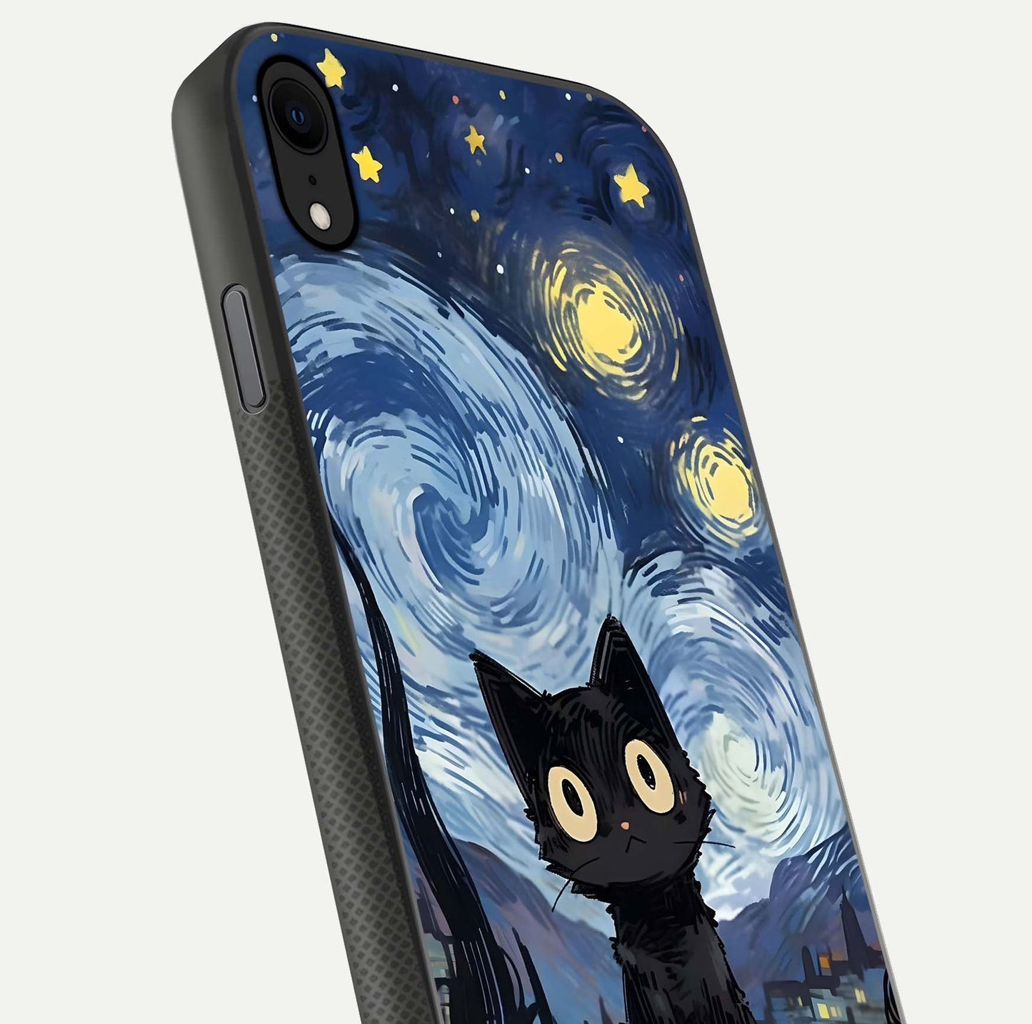 Van Gogh Cat Glass Case for iPhone X close-up angled shot highlighting brushstroke texture and reflection