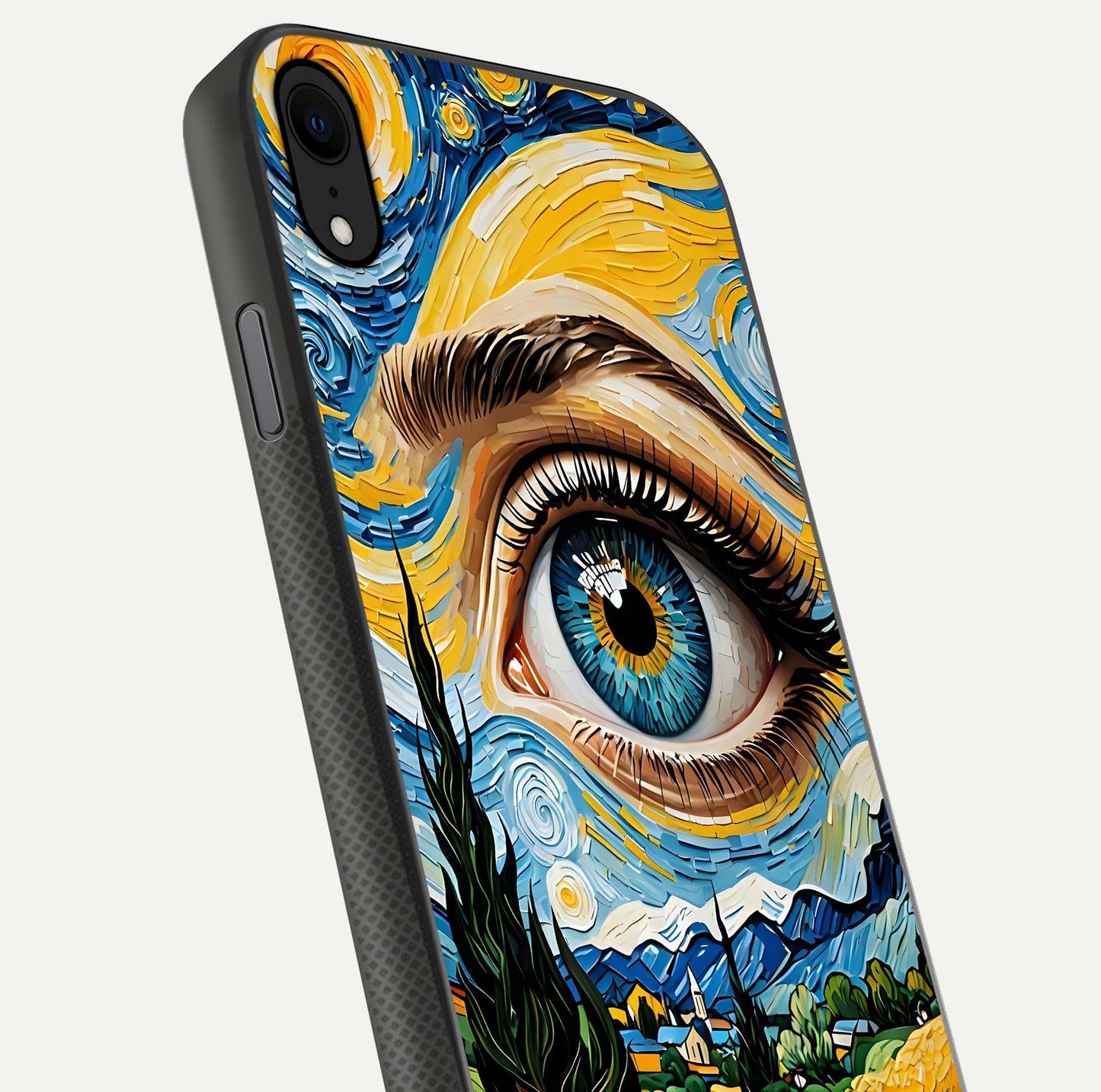 Van Gogh Eye Glass Case for iPhone 16 Pro close-up angled shot highlighting color blend and gloss reflection