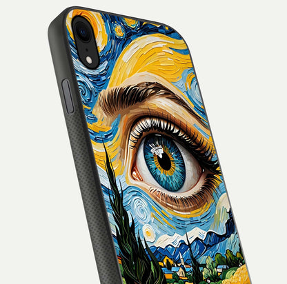 Van Gogh Eye Glass Case for iPhone 16 Pro close-up angled shot highlighting color blend and gloss reflection