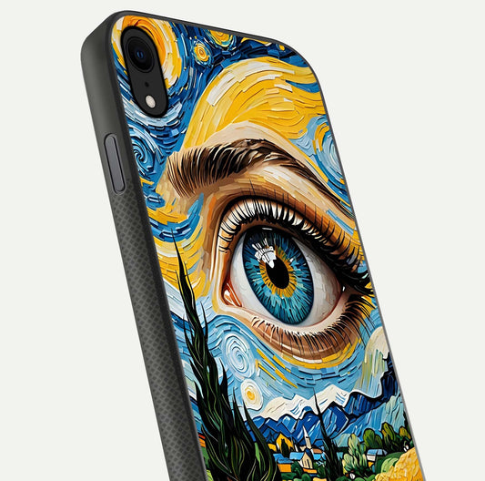 Van Gogh Eye Glass Case for iPhone 16 Pro close-up angled shot highlighting color blend and gloss reflection