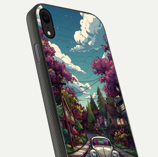 Vintage Street Drive Glass Case for iPhone X close-up angled shot highlighting vintage tones and reflection